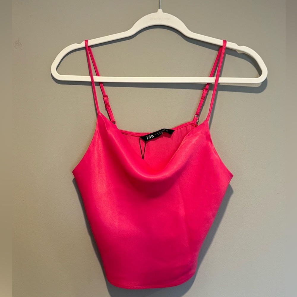 Women's Zara Satin Pink Cropped Tank Top - Size Small NWT adjustable str… - Picture 5 of 10